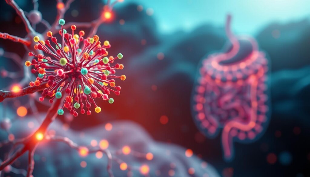 A vibrant, high-resolution image depicting the interplay between probiotics and neurotransmitters. In the foreground, a cluster of colorful, microscopic probiotic bacteria dances amidst a neural network of glowing, neon-like neurotransmitters. The middle ground features a detailed, cross-sectional view of the gut, showcasing the intricate connections between the digestive system and the brain. In the background, a serene, abstract landscape of soothing blues and greens symbolizes the harmony between gut health and mental well-being. Lighting is soft and diffused, creating a calming, contemplative atmosphere. The overall composition conveys the profound impact of probiotics on the delicate balance of neurotransmitters and their influence on mental health.