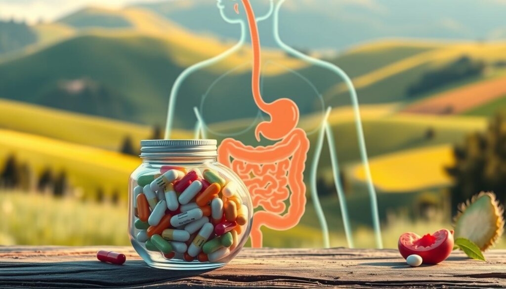 A vibrant illustration of probiotics and their impact on irritable bowel syndrome. In the foreground, a transparent glass container filled with a diverse array of probiotic capsules, yogurt, and fermented foods. The middle ground features a stylized human digestive system, with the intestines and colon prominently displayed. The background showcases a soothing, natural landscape with rolling hills, lush greenery, and a soft, warm lighting. The overall composition conveys a sense of balance, wellness, and the holistic relationship between gut health and probiotics. Detailed, photorealistic rendering with a focus on texture, depth, and color harmony.