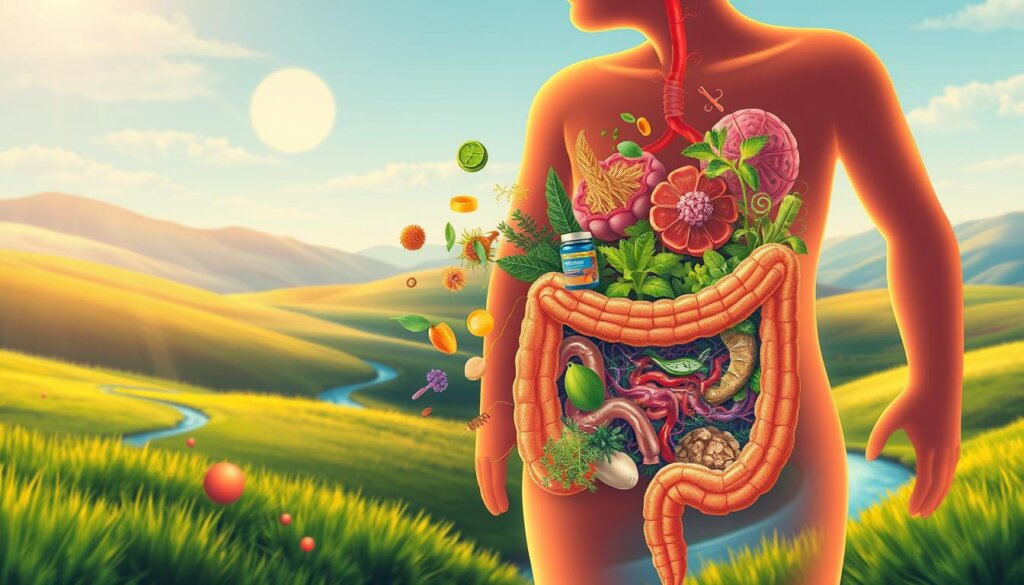 A vibrant illustration showcasing the diverse health benefits of gut microbiome in a serene, natural setting. In the foreground, a cross-section of the human gut reveals a lush, thriving ecosystem of beneficial bacteria, symbiotically interacting with intestinal walls. The middle ground features visual metaphors for gut-boosting elements like fiber, fermented foods, and probiotic supplements, all bathed in warm, golden lighting. In the background, a tranquil landscape of rolling hills, meadows, and a meandering stream, symbolizing the holistic, restorative power of a balanced microbiome. The overall mood is one of harmony, vitality, and the inherent connection between gut health and overall wellbeing.