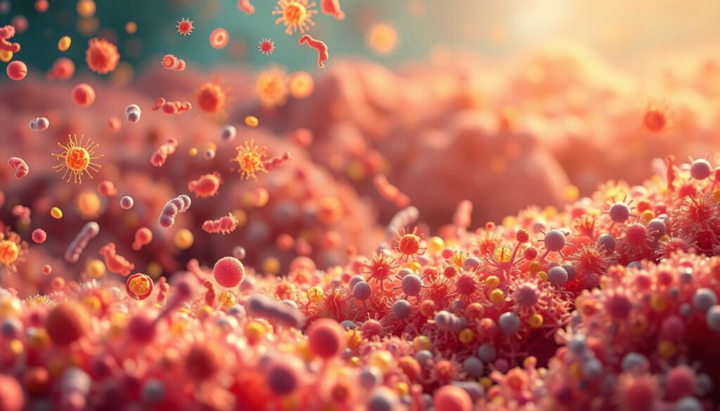 A vibrant microscopic landscape showcasing a diverse array of probiotic strains in a 3D illustration. In the foreground, various colorful bacterial cells and spores float weightlessly, their intricate structures and internal organelles visible under the warm, soft lighting. In the middle ground, clusters of beneficial microbes intertwine, forming a complex network that symbolizes their synergistic effects on the immune system. The background is a serene, gradient-filled environment, hinting at the delicate balance and harmony within the gut microbiome. The overall composition conveys a sense of scientific elegance, highlighting the remarkable diversity and importance of probiotic strains in supporting a robust immune response.