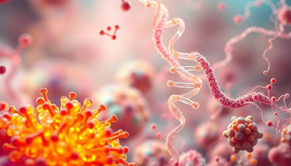 A vibrant microscopic scene showcasing the intricate science of probiotic DNA protection. In the foreground, a cluster of colorful bacteria cells, their genetic material glowing with a warm, protective aura. In the middle ground, a delicate spiral of DNA strands, intertwined with strands of beneficial microbial filaments. The background is a hazy, ethereal landscape of molecular structures and flowing energy fields, bathed in a soft, diffused light that creates a sense of tranquility and harmony. The overall composition conveys the powerful and intricate relationship between probiotics and the regenerative processes within human cells.