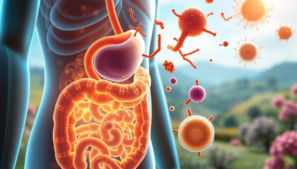 A vibrant, photorealistic illustration showcasing the digestive and immune benefits of probiotic supplements. In the foreground, a stylized human digestive system glowing with a warm, probiotic-infused energy. In the middle ground, diverse probiotic strains float weightlessly, interacting with gut flora and immune cells. The background depicts a serene, nature-inspired landscape, suggesting the holistic, wellness-promoting effects of probiotics. Soft, diffused lighting casts a gentle, soothing atmosphere. Crisp, high-resolution details throughout, captured with a wide-angle, close-up lens to emphasize the intricacies of the digestive and immune processes.