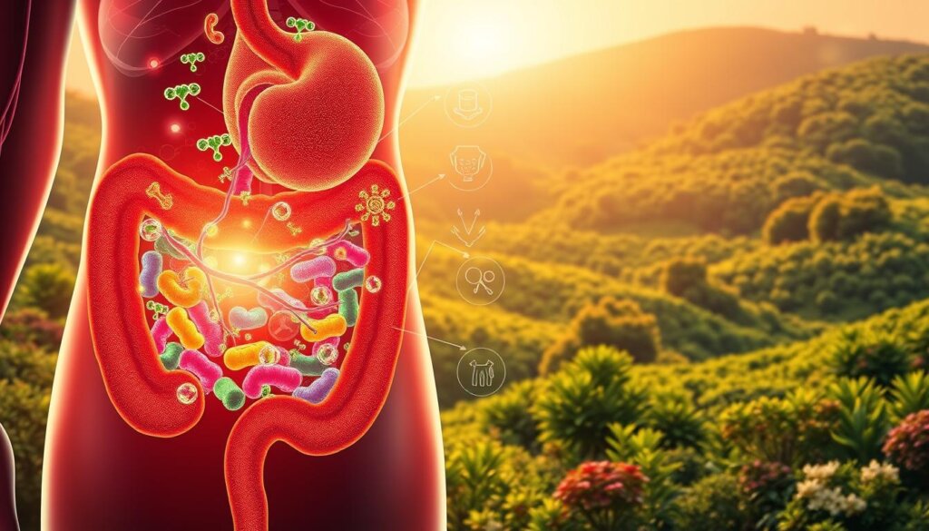 A vibrant, richly detailed illustration showcasing the health benefits of probiotics for digestive and immune system wellness. In the foreground, a stylized human gut with colorful, diverse probiotic bacterial cultures thriving and supporting robust digestion. The middle ground features glowing, radiant icons representing improved immune function, reduced inflammation, and enhanced nutrient absorption. In the background, a lush, verdant landscape symbolizing overall bodily harmony and vitality, bathed in warm, natural lighting that enhances the sense of wellness and balance. The composition conveys the multifaceted ways in which probiotics promote total body health through a cohesive, visually captivating design.