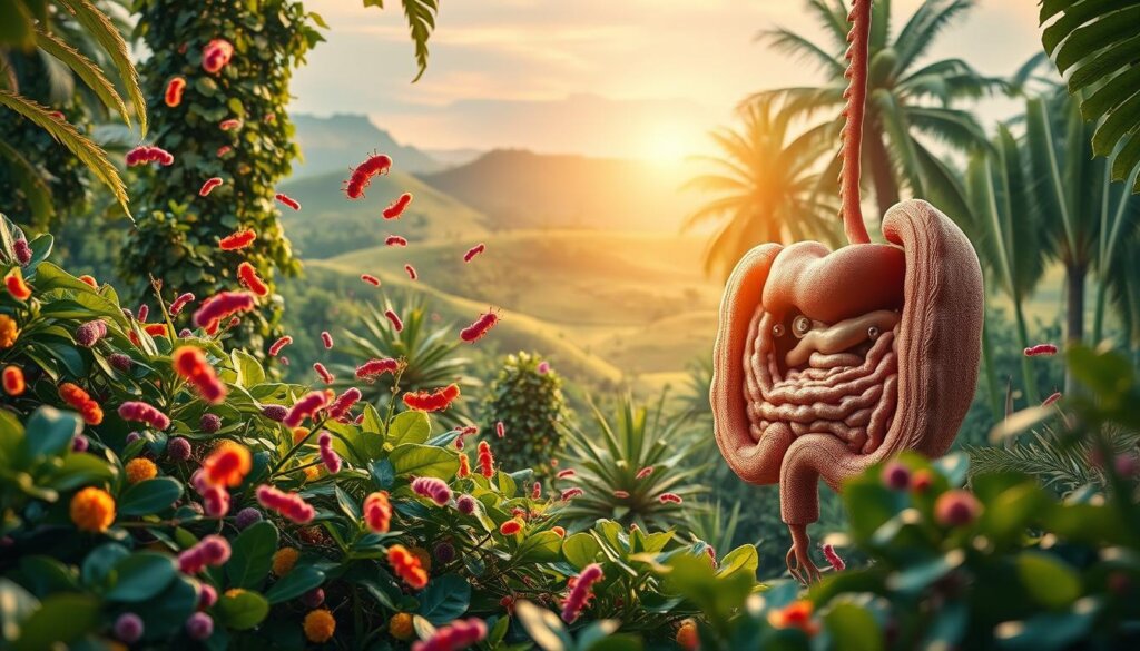 A vibrant scene of beneficial gut bacteria thriving in a Malaysian environment. In the foreground, a diverse array of colorful, microscopic probiotic organisms swimming amidst lush, tropical foliage. In the middle ground, a cross-section of the human gut, showcasing the complex ecosystem of microbiomes. In the background, a warm, sunlit landscape of rolling hills and verdant palm trees, symbolizing the health and vitality of the Malaysian landscape. Soft, diffused lighting illuminates the scene, capturing the delicate balance and harmony of this beneficial microbial community. Rendered in a detailed, photorealistic style to emphasize the scientific nature of the subject matter.