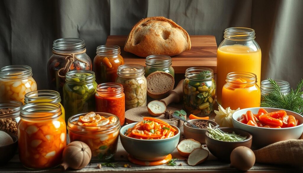 A vibrant still life showcasing an assortment of fermented foods, illuminated by warm, natural lighting and captured from a slightly elevated perspective. In the foreground, an array of jars and bowls brimming with colorful sauerkraut, kimchi, pickled vegetables, and fermented condiments, each with its distinct textures and hues. The middle ground features a selection of freshly baked sourdough bread, a wooden cutting board, and a scattering of herbs, spices, and other artisanal ingredients. In the background, a rustic, earthy-toned backdrop, perhaps a linen cloth or a weathered wooden surface, creates a cozy, inviting atmosphere. The overall composition emphasizes the beauty, diversity, and richness of naturally fermented probiotic-rich foods.