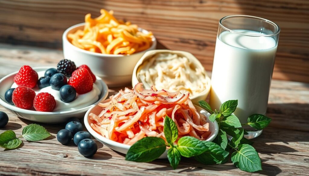 A vibrant, well-lit close-up photograph of an assortment of probiotic-rich foods, including a bowl of plain yogurt with fresh berries, a plate of sauerkraut, and a glass of kefir. The scene is set against a rustic wooden background, with natural light casting soft shadows and highlighting the textures and colors of the ingredients. The mood is one of health, wellness, and the natural goodness of probiotic-rich foods. The composition draws the viewer's attention to the various probiotic sources, emphasizing their benefits for gut health and overall well-being.
