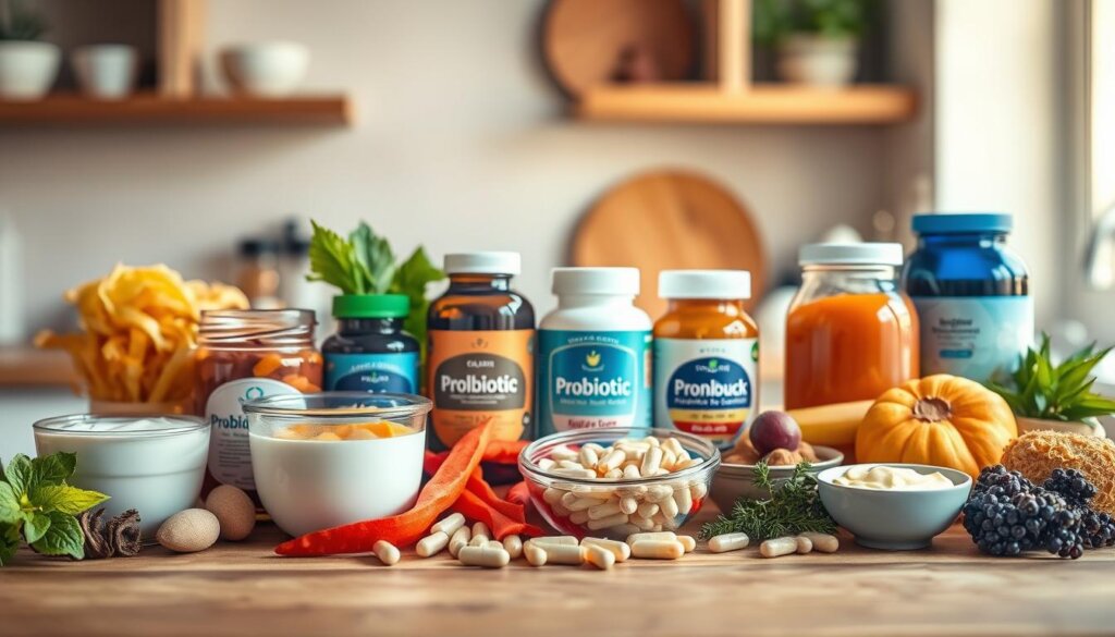A vibrant, well-lit tabletop scene depicting an array of probiotic-rich foods and supplements. In the foreground, an assortment of colorful, natural probiotic sources like yogurt, kefir, sauerkraut, kimchi, and kombucha, arranged artfully on a wooden surface. In the middle ground, a selection of probiotic supplement bottles and capsules, their labels clearly visible. The background features a soft, blurred backdrop, perhaps a kitchen counter or table, emphasizing the natural, wellness-focused theme. The lighting is warm and inviting, highlighting the textures and colors of the various probiotic items. The overall composition conveys a sense of balance, health, and the practical integration of probiotics into a daily routine.