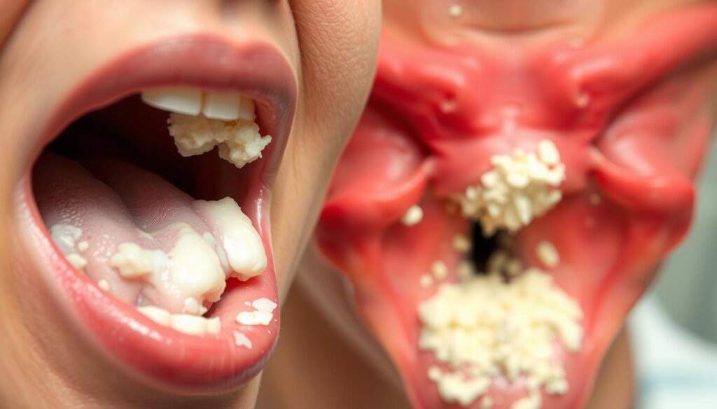 A vivid close-up view of visible oral and vaginal thrush symptoms. In the foreground, a slightly open mouth reveals whitish, lumpy patches on the tongue and inner cheeks. The middle ground focuses on the external vulva area, depicting red, irritated skin with a cottage cheese-like discharge. The background is slightly blurred, giving a sense of medical examination. The lighting is clinical, with even illumination from above. The camera angle is straight-on, as if the viewer is the examining healthcare provider. The overall mood is informative and clinical, conveying the symptoms in a clear, diagnostic manner.