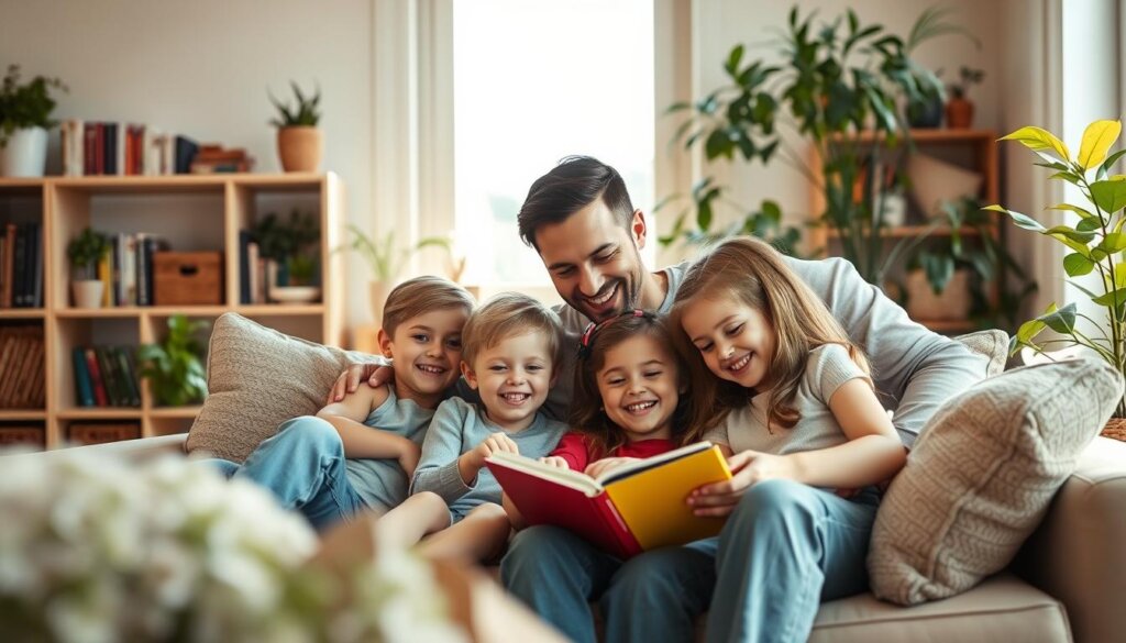 A warm, inviting family portrait set in a cozy, sun-dappled living room. In the foreground, a happy, smiling family of four - two parents and two young children - sitting together on a plush, comfortable couch. The parents are engaging with the children, perhaps reading a book or playing a game. The children's faces are filled with joy and wonder. The middle ground features a well-stocked bookshelf, lush indoor plants, and other homey decor, suggesting an environment that nurtures both physical and mental well-being. The background showcases a large window, allowing natural light to flood the scene and creating a serene, tranquil atmosphere. The overall composition conveys a sense of closeness, contentment, and the importance of quality time spent together as a family.
