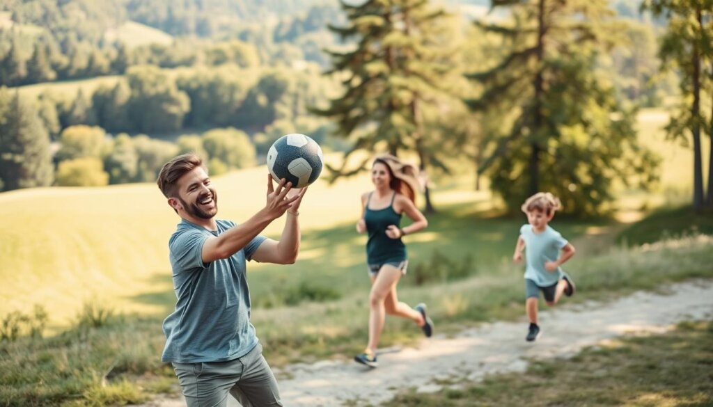 A warm, sun-dappled outdoor scene of a family engaged in a variety of physical activities. In the foreground, a father and young child playfully tossing a ball back and forth, their laughter and movement captured in a dynamic, frozen moment. In the middle ground, a mother and older sibling jogging together, their pace and stride conveying a sense of shared exercise and bonding. In the background, a lush, verdant landscape with rolling hills and towering trees, setting a peaceful, nature-filled atmosphere. The lighting is soft, golden, and inviting, creating a sense of warmth and togetherness. The overall composition and mood evoke a joyful, active, and connected family experiencing the benefits of physical activity and quality time outdoors.