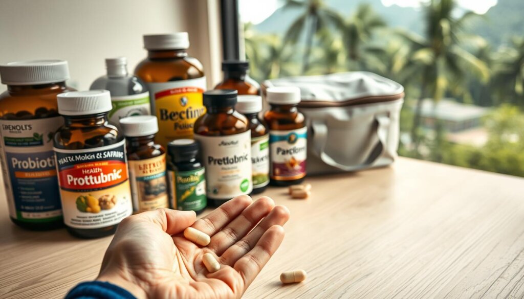 A well-lit, close-up view of an array of probiotic supplement bottles and capsules arranged on a light wooden table. The bottles feature various health claims and labels, conveying the diversity of probiotic products available. In the foreground, a hand holds a couple of probiotic capsules, examining them closely. The mid-ground showcases a travel-sized cooler bag, hinting at the need to properly store probiotics while on the go. The background features a blurred, tropical landscape, evoking the setting of traveling in Malaysia. The overall scene conveys a sense of thoughtful consideration and preparation for incorporating probiotic supplements into one's travel health regimen.