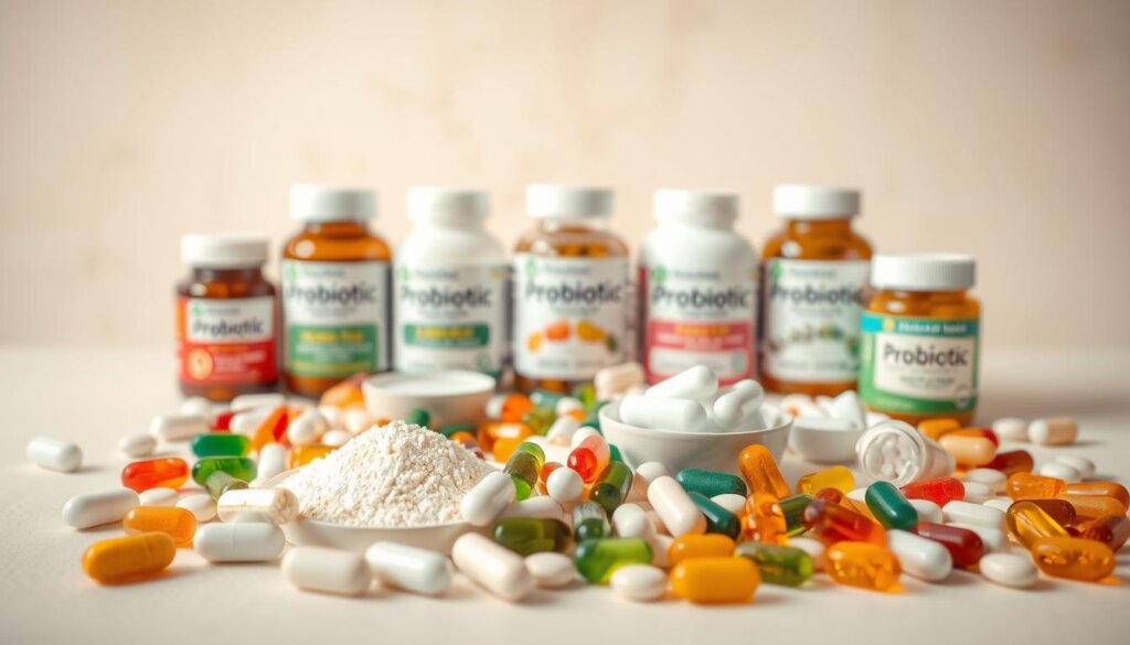 A well-lit display of various probiotic supplements, artfully arranged on a clean, neutral-toned background. The foreground features an assortment of capsules, powders, and gummies in different shapes, colors, and sizes, suggesting a diverse selection of probiotic strains and formulations. The middle ground showcases the supplement bottles or containers, their labels prominently displayed, providing clear information about the product contents. The background is softly blurred, creating a sense of focus on the probiotic supplements as the central subject. The overall composition conveys a professional, informative, and visually appealing presentation suitable for an article on choosing the right probiotic supplement.