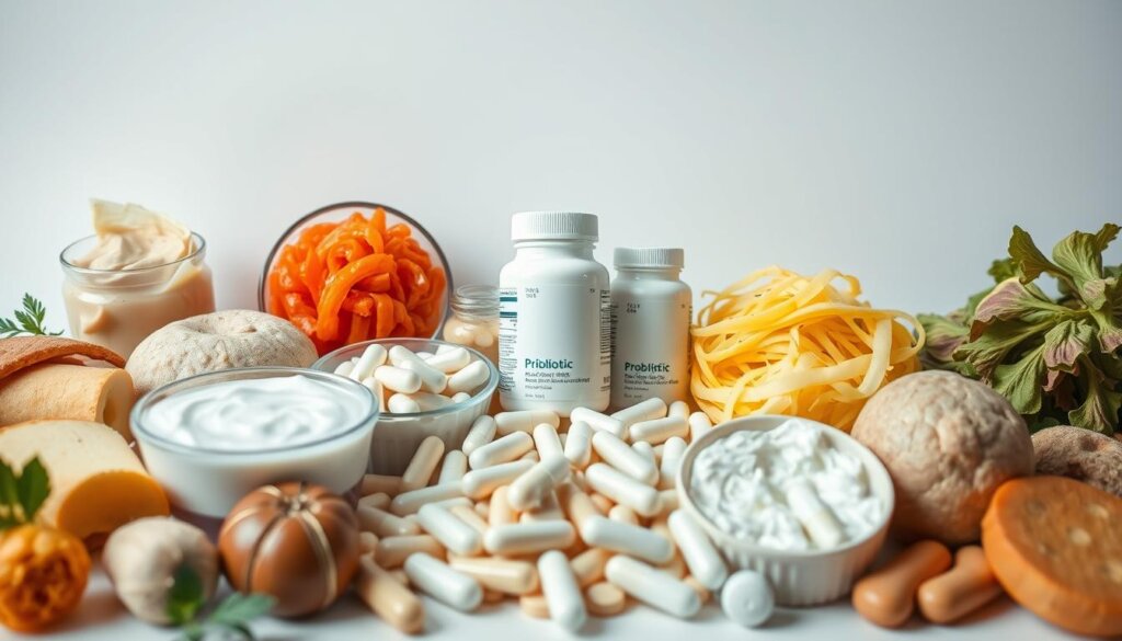 A well-lit, highly detailed comparison of various probiotic sources, including a selection of fermented foods like yogurt, kefir, and sauerkraut, as well as probiotic supplements in the form of capsules and tablets. The image should be arranged in a grid-like layout, with the fermented foods occupying the foreground and the supplements in the middle ground, all set against a clean, minimalist background with soft, diffused lighting to highlight the textures and colors of the different probiotic sources. The overall tone should be informative and visually appealing, conveying the benefits and diversity of probiotic-rich foods and supplements.