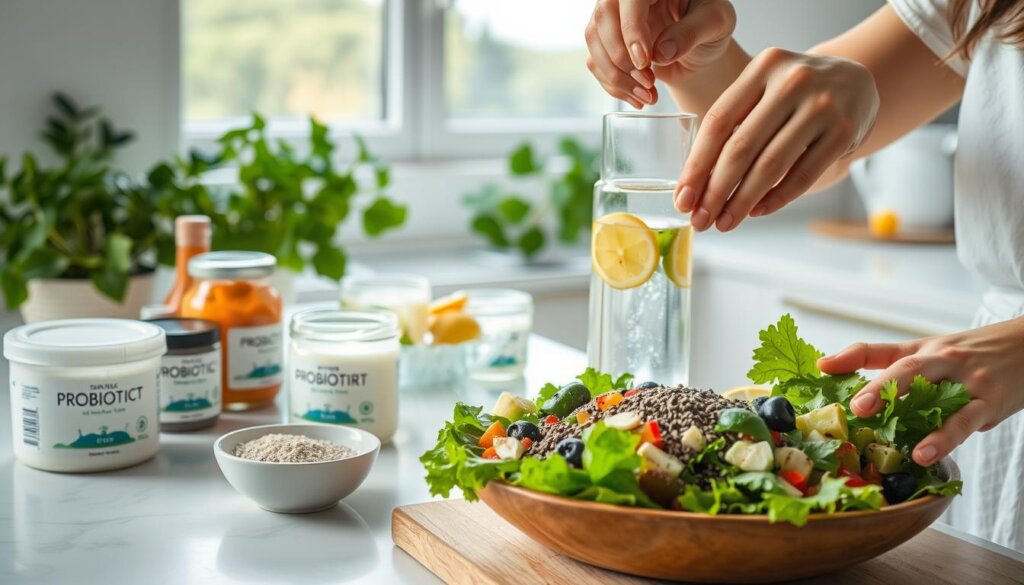 A well-lit kitchen counter showcases an assortment of probiotic-rich foods, including plain yogurt, kefir, and fermented vegetables. In the foreground, a woman's hands gently sprinkle chia seeds and chopped garlic onto a salad, emphasizing the importance of a balanced, gut-friendly diet. The middle ground features a glass of water infused with lemon slices, symbolizing the significance of hydration. In the background, a potted plant and a window overlooking a tranquil outdoor scene create a calming, natural atmosphere, suggesting the role of lifestyle changes and stress management in yeast prevention. Soft, diffused lighting illuminates the scene, capturing the holistic approach to maintaining a healthy microbiome.