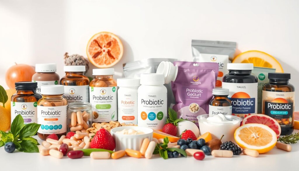 A well-lit, visually appealing still life composition of an assortment of probiotic supplements. The foreground features a variety of probiotic capsules, pills, and powders in glass jars, bottles, and sachets, each with distinct labels and branding. The middle ground showcases complementary organic ingredients like yogurt, kefir, and fresh fruit. The background depicts a minimalist, clean white surface, allowing the vibrant colors and textures of the probiotic products to take center stage. The lighting is soft and natural, creating a warm, inviting atmosphere that highlights the quality and variety of the probiotic supplements.