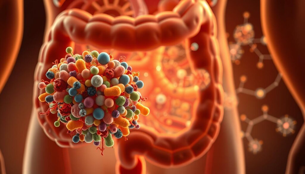 An intricately detailed cross-section of the human gut, showcasing the diverse ecosystem of gut microbiota. The foreground displays a cluster of vibrant, colorful bacteria and microorganisms, each with distinct shapes and textures, symbolizing the complex interplay between gut health and diabetes management. The middle ground features a network of blood vessels and nerve endings, illustrating the intricate physiological connections. In the background, a stylized visualization of glucose metabolism and insulin regulation, depicted as glowing energy pathways, creates a sense of scientific depth and complexity. Warm, muted tones evoke a sense of organic harmony, while careful lighting and depth of field draw the viewer's attention to the crucial role of gut microbiota in maintaining metabolic balance and overall wellness.