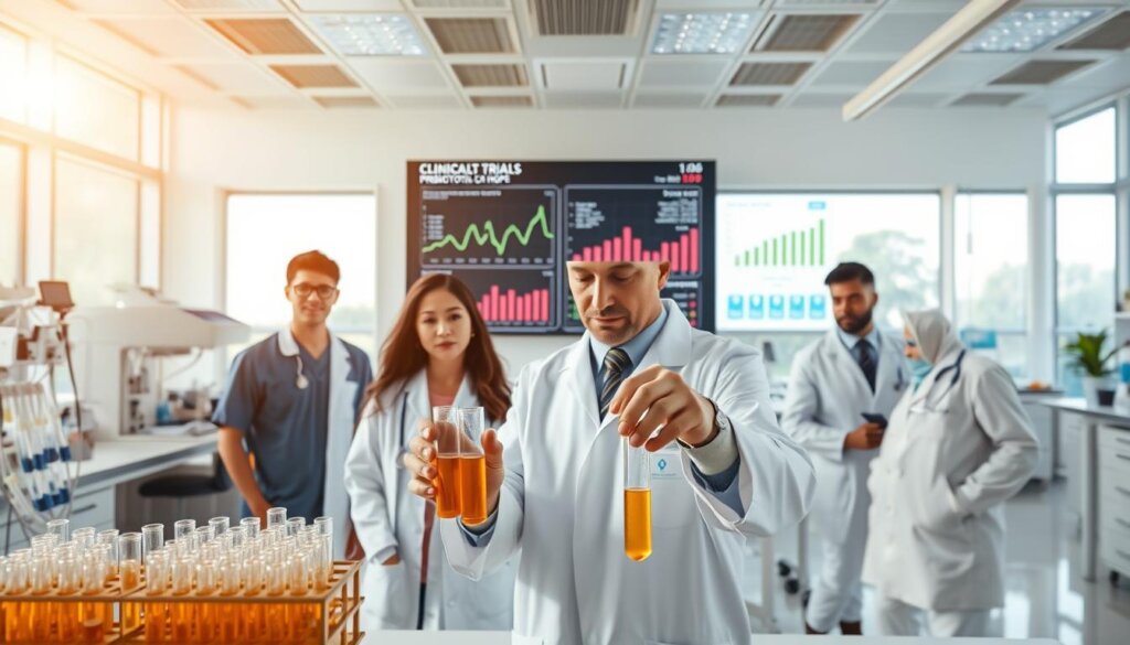 Bright, airy medical laboratory with an array of scientific equipment and diagnostic tools. In the foreground, an ethnically diverse group of researchers in white coats and scrubs examining test tubes filled with a probiotic solution. The middle ground features a large display screen showcasing clinical trial data and graphs related to the effects of probiotics on diabetes management. The background depicts a serene, modernist landscape with biophilic elements, evoking a sense of hope and wellness. Warm, natural lighting filters through the space, casting a soothing glow. Crisp, high-resolution photography using a wide-angle lens to capture the full scope of the scene.