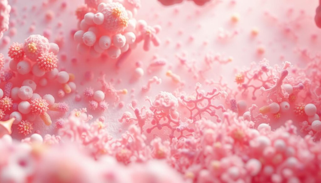 Detailed cross-section of a balanced gut microbiome, showcasing the diverse array of beneficial bacteria and their harmonious interactions. A serene, pastel-toned microscopic landscape, bathed in soft, diffused lighting that accentuates the delicate textures and subtle hues of the microbial inhabitants. The foreground features vibrant, individualized bacterial colonies, each with their own distinct morphologies and colorations. The middle ground depicts intricate networks of microbial communities, intertwined and thriving in a symbiotic dance. The background subtly fades into a hazy, dreamlike realm, hinting at the vast and complex ecosystem that lies within the human gut.