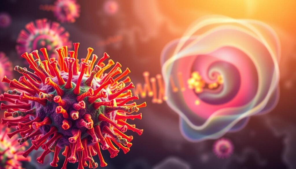 Detailed illustration of the immune response mechanisms triggered by probiotics. In the foreground, a cluster of vibrant, rod-shaped probiotic bacteria interact with immune cells, depicted as intricate, colorful structures. The middle ground showcases the cascade of immune signaling pathways, with vibrant gradients and geometric patterns. In the background, a stylized representation of the gut microbiome, with swirling, organic textures and hues. Soft, warm lighting illuminates the scene, creating a sense of depth and scientific elegance. Rendered in a realistic, detailed style with a focus on technical accuracy and visual appeal.