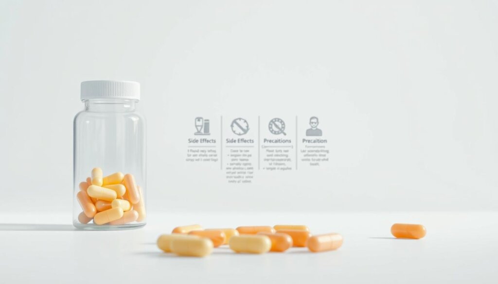Detailed medical illustration depicting safety considerations for probiotic supplements. A well-lit, highly realistic scene showcasing a glass bottle of probiotic capsules against a crisp white background. The capsules are shown in the foreground, meticulously rendered with a shallow depth of field to draw the viewer's attention. In the middle ground, a diagram highlighting potential side effects and precautions, using clean, minimal iconography. The background features a subtle gradient, conveying a sense of professionalism and scientific authority. Tightly framed composition, with a slight angle to create visual interest. The overall mood is one of educational clarity, guiding the viewer through the important safety aspects of probiotic use.