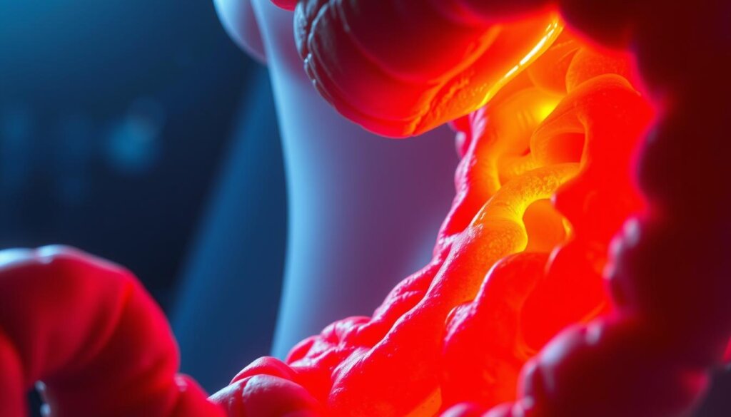 Prompt A highly detailed, photorealistic illustration of the interior of the human digestive system, specifically the acidic environment within the stomach. The scene depicts the stomach lining, with its intricate folds and glands, bathed in a warm, reddish-orange glow. The pH levels are visually represented, showcasing the low, acidic conditions necessary for proper digestion. The lighting is dramatic, creating a sense of depth and texture, while the camera angle provides a close, immersive perspective, allowing the viewer to feel as if they are inside the stomach itself. The overall atmosphere conveys the vital role of acidity in maintaining a healthy gut microbiome and promoting overall wellness.