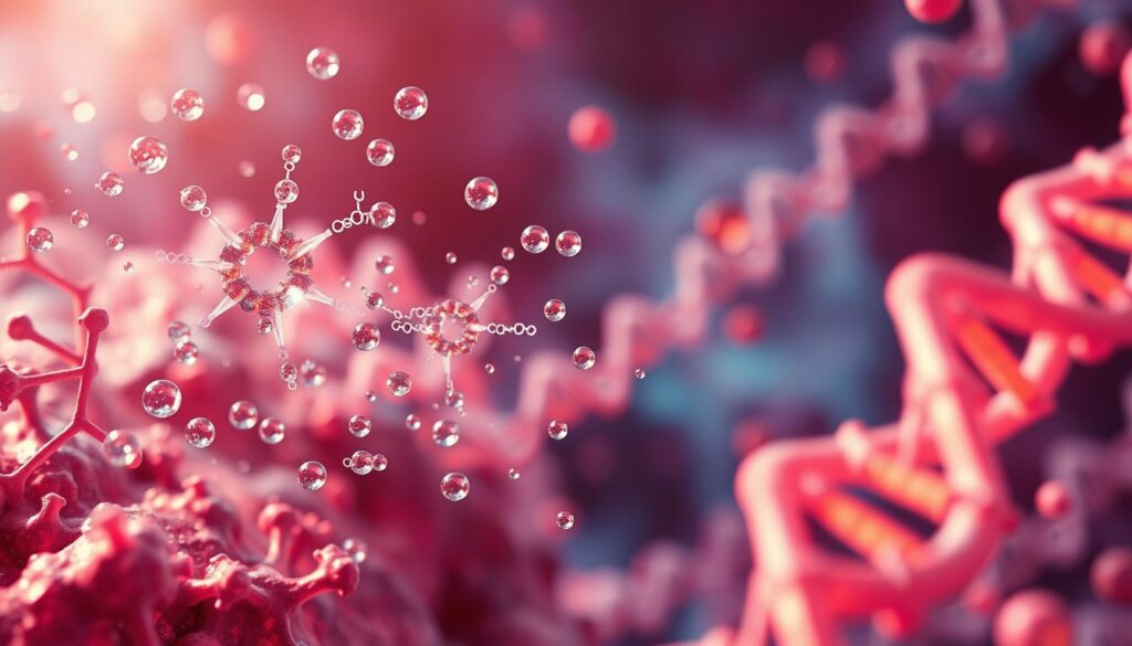Reactive oxygen species and oxidative stress, a vibrant cellular landscape. In the foreground, a dynamic dance of superoxide radicals, hydrogen peroxide, and hydroxyl ions, their ethereal forms pulsing with energy. The middle ground showcases the intricate web of antioxidant enzymes, such as superoxide dismutase and catalase, working tirelessly to maintain homeostasis. In the background, a subtle glow emanates from damaged DNA strands, a testament to the delicate balance between oxidative processes and cellular repair mechanisms. Captured with a high-resolution lens, the scene is bathed in a warm, diffused light, conveying a sense of both peril and resilience within the cellular realm.