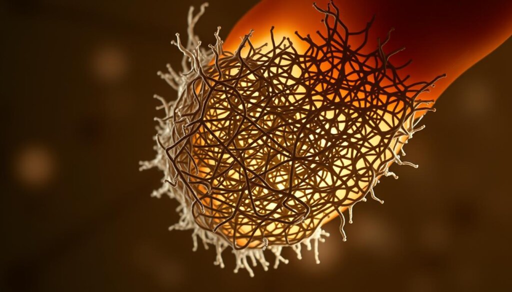 Streptococcus mutans biofilm formation, a microscopic view. A dense, tangled mesh of bacterial colonies adhering to a tooth surface, creating a complex, three-dimensional structure. Illuminated from the side, casting dramatic shadows that emphasize the intricate architecture. Rendered in muted, earthy tones to convey the clinical, scientific nature of the subject. Sharp focus on the biofilm, with a slightly blurred, out-of-focus background to draw the eye to the key details. Minimal distractions, allowing the viewer to examine the formation and understand its role in the development of dental caries.