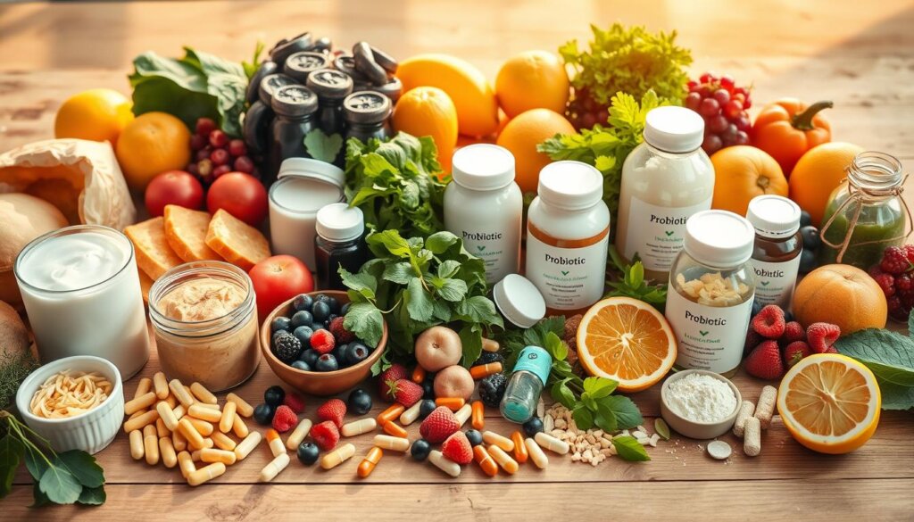Vibrant array of probiotic-rich foods and supplements laid out on a wooden table, bathed in warm, natural lighting. In the foreground, an assortment of fermented products like yogurt, kefir, and sauerkraut. The middle ground showcases various probiotic capsules, powders, and liquid supplements. The background features fresh produce such as leafy greens, berries, and citrus fruits. Soft, earthy tones and clean, minimalist styling convey a sense of wellness and nourishment. The composition highlights the diverse sources of probiotics and their importance for gut health and overall well-being.