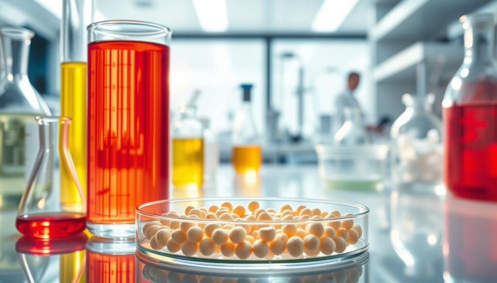 Vivid image of lactobacillus plantarum functional foods in a serene laboratory setting. In the foreground, glass beakers and test tubes filled with a vibrant probiotic solution, backlit by a soft, natural light. In the middle ground, a petri dish showcases healthy colonies of the beneficial bacteria, their shapes and textures rendered in intricate detail. The background features clean, white surfaces and modern scientific equipment, conveying a sense of clinical precision and health-conscious innovation. The overall atmosphere is one of scientific discovery and the potential for gut-healing nutrition.