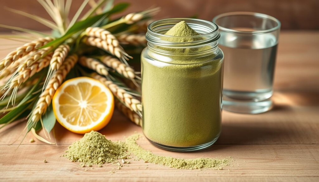 a high-resolution photograph of a glass jar filled with fine green powder, positioned on a wooden table alongside whole barley stalks, fresh lemon slices, and a glass of water. The lighting is soft and natural, highlighting the vibrant color of the powder and the textures of the organic elements. The composition is balanced and minimalist, drawing the viewer's attention to the key ingredients for preparing barley grass powder recipes. The overall mood is clean, fresh, and inviting, evoking a sense of wellness and healthy living.