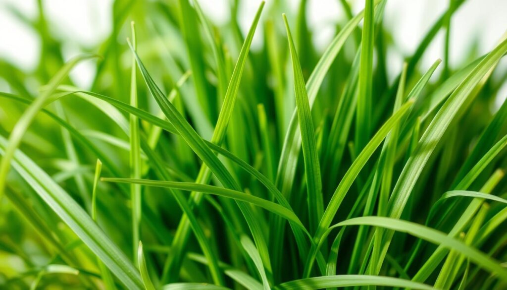 a photo of fresh barley grass leaves and blades in close-up, with a soft, natural lighting that highlights the vibrant green hues and delicate textures. The leaves are arranged in a visually appealing, organic composition that fills the frame, conveying a sense of lush, thriving plant life. The background is blurred, creating a gentle, soothing atmosphere that emphasizes the main subject. The overall image has a calming, serene mood that evokes the digestive health benefits of barley grass.