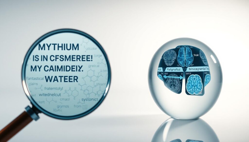 A bold visual contrast between the myths and facts about hydrogen water's impact on memory. In the foreground, a magnifying glass reveals distorted, fantastical claims about its miraculous cognitive benefits. Behind it, a clear, focused lens exposes the scientific evidence - molecular diagrams, brain scans, and clinical study results. The background features a minimalist, laboratory-inspired setting with clean, directional lighting, emphasizing the importance of empirical data over unsubstantiated hype. The overall composition conveys a sense of objective inquiry, guiding the viewer to distinguish truth from fiction regarding hydrogen water's true effects on memory and brain function.