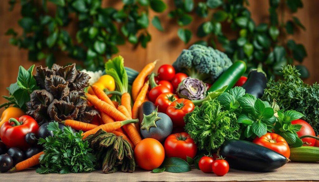 A bountiful still life arrangement featuring a vibrant selection of fresh, organic vegetables against a warm, earthy backdrop. In the foreground, an array of antioxidant-rich produce such as dark leafy greens, bell peppers, carrots, and tomatoes are artfully displayed, casting soft, natural shadows. The middle ground showcases additional nutrient-dense veggies like broccoli, zucchini, and eggplant, bathed in gentle, diffused lighting that accentuates their vibrant hues. In the background, a lush, green foliage creates a soothing, natural ambiance, conveying a sense of vitality and youthfulness. The overall scene emanates a sense of harmony, balance, and the powerful benefits these wholesome, skin-nourishing ingredients can provide.