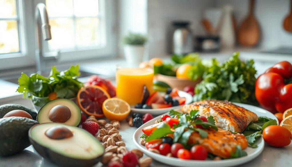 A bright, airy kitchen counter with an assortment of nutritious ingredients for a daily anti-aging diet routine. In the foreground, ripe avocados, leafy greens, berries, and nuts are carefully arranged. In the middle ground, a glass of freshly squeezed citrus juice and a plate of grilled salmon with a side of roasted vegetables. The background features a large window that allows natural light to flood the scene, creating a warm, inviting atmosphere. The image conveys a sense of wellness, balance, and a commitment to nourishing the body for vibrant, youthful skin.