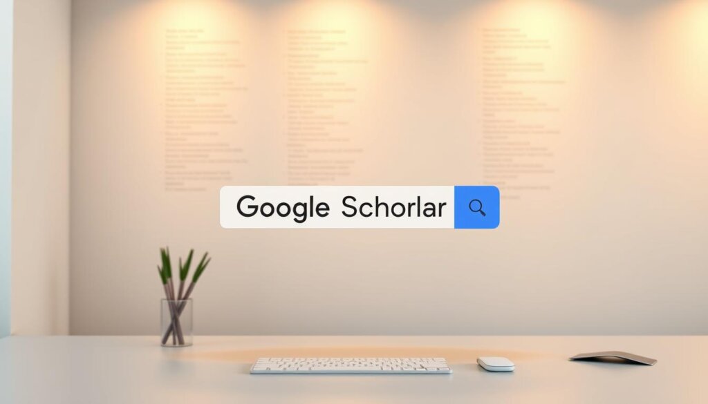 A clean, professional Google Scholar search interface floating in a softly lit, minimalist workspace. The search box is prominent, surrounded by subtle grey-toned UI elements. Glowing search results pages cascade in the background, emanating a sense of academic discovery. Warm, directional lighting highlights the clean lines and modern aesthetic, creating an atmosphere of focused productivity. The composition is balanced, with the search interface taking center stage and the background elements providing depth and context. This image conveys the efficiency and simplicity of leveraging Google Scholar for research.