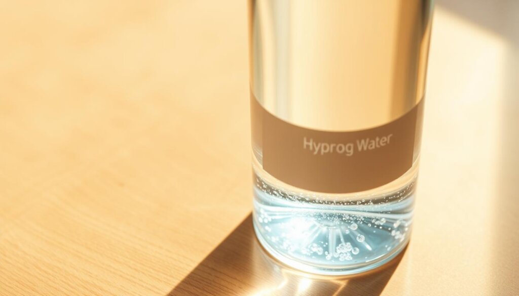 A clear glass bottle filled with shimmering, translucent hydrogen-infused water, resting on a smooth, polished wooden surface. The bottle's label features a simple, elegant design, highlighting the "Hydrogen Water" text in a soft, muted tone. Soft, diffused lighting gently illuminates the scene, casting warm, natural shadows that accentuate the bottle's subtle curves. The overall composition conveys a sense of purity, calmness, and the potential health benefits of this specialized water, suitable for illustrating the "Is hydrogen water good for GERD?" section of the article.