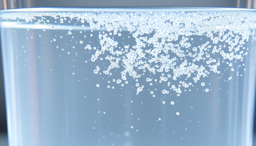 A clear glass container filled with pristine, effervescent water, illuminated by a soft, natural light. Tiny, shimmering bubbles of hydrogen gas gently rise to the surface, creating a mesmerizing, almost ethereal effect. The water's surface appears slightly undulated, hinting at the subtle molecular activity beneath. The container's walls are transparent, allowing the viewer to fully appreciate the solubility dynamics at play. The overall scene conveys a sense of tranquility and scientific intrigue, inviting the observer to contemplate the delicate balance of this hydrogen-rich liquid.