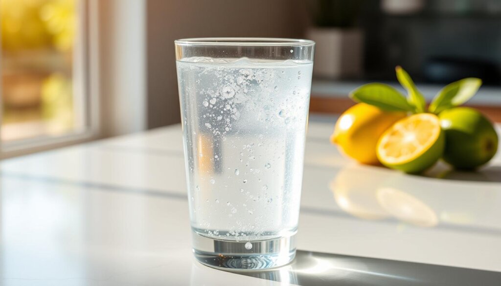 A clear glass filled with sparkling, translucent water, infused with tiny, shimmering bubbles of hydrogen gas. The liquid has a gentle, effervescent quality, casting a soft, diffused glow. The glass is positioned on a sleek, modern kitchen counter, bathed in warm, natural light filtering through a nearby window. In the background, a few fresh, vibrant citrus fruits, such as lemons or limes, suggest the potential for a refreshing, flavorful juice blend. The overall scene conveys a sense of purity, health, and a balanced, harmonious fusion of elements.