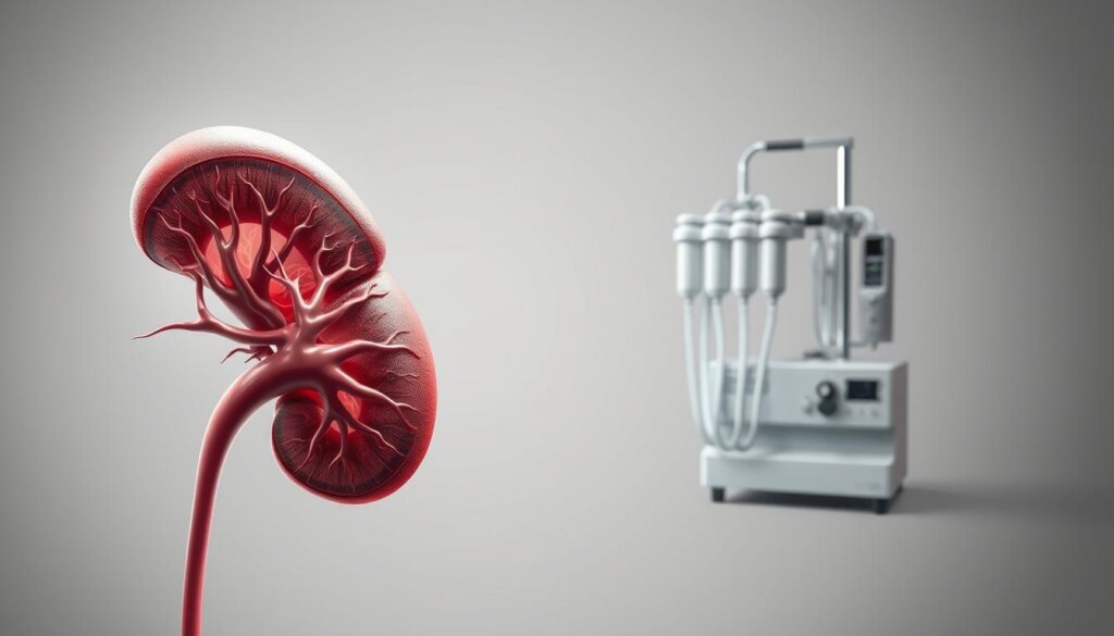 A clinical, high-contrast medical illustration depicting the process of kidney dialysis and its impact on oxidative stress. The foreground features a cross-section of a kidney with intricate tubules and glomeruli, surrounded by a network of blood vessels. In the middle ground, a dialysis machine with its tubing and filters is shown, symbolizing the mechanical filtration process. The background is a neutral gray tone, emphasizing the technical and scientific nature of the scene. Bright, focused lighting casts subtle shadows, accentuating the three-dimensional forms and textures. The overall mood is one of precision, functionality, and the physiological stresses experienced during dialysis. A clinical, high-contrast medical illustration depicting the process of kidney dialysis and its impact on oxidative stress. The foreground features a cross-section of a kidney with intricate tubules and glomeruli, surrounded by a network of blood vessels. In the middle ground, a dialysis machine with its tubing and filters is shown, symbolizing the mechanical filtration process. The background is a neutral gray tone, emphasizing the technical and scientific nature of the scene. Bright, focused lighting casts subtle shadows, accentuating the three-dimensional forms and textures. The overall mood is one of precision, functionality, and the physiological stresses experienced during dialysis.