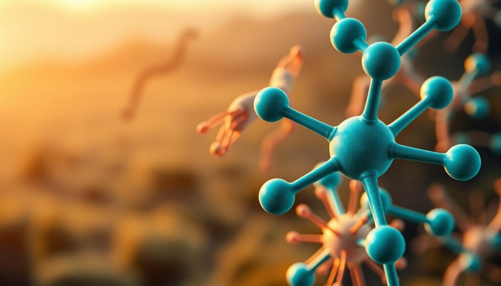 A close-up, hyper-realistic rendering of the molecular structure of magnesium, prominently featured in the foreground. The magnesium atoms are depicted in a vibrant teal hue, arranged in a striking geometric pattern that conveys their essential role in muscle and nerve function. In the middle ground, detailed illustrations of muscle fibers and nerve cells, illuminated by a warm, golden light that highlights their intricate cellular components. The background features a softly blurred, serene landscape, evoking a sense of balance and harmony. The overall composition suggests the multifaceted benefits of magnesium for holistic health and well-being.