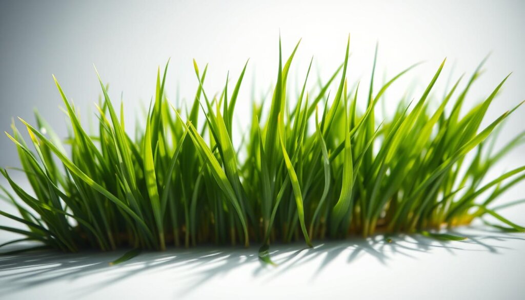 A close-up image of lush, vibrant barley grass in a clinical setting. The blades of grass are illuminated by soft, natural lighting, casting delicate shadows on a clean, white background. The grass appears fresh and healthy, with a slight sheen, conveying its nutritional potency. The camera angle is slightly low, capturing the grass from an eye-level perspective, emphasizing its natural beauty and therapeutic potential. The overall mood is one of purity, clarity, and the promise of wellness, perfectly suited to illustrate the science-backed health benefits of this superfood.