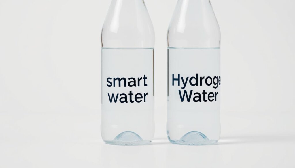 A close-up shot of two glass bottles filled with transparent liquid, one labeled "Smart Water" and the other "Hydrogen Water". The bottles are positioned on a clean, white surface, evenly lit from the side to create a crisp, high-key aesthetic. The bottles appear to be in sharp focus, while a soft, blurred background suggests a minimalist, studio-like setting. The scene conveys a sense of simplicity and clarity, inviting the viewer to closely examine and compare the two types of water.