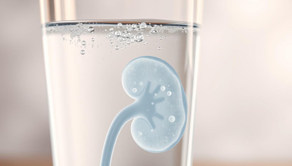 A close-up view of a glass of clear, sparkling water with a few bubbles rising to the surface, reflecting a soft, warm lighting from above. In the foreground, a section of a kidney-shaped organ appears, rendered in a semi-transparent, ethereal manner, as if merging with the water. The background is hazy and out of focus, suggesting a meditative, calming atmosphere. The overall composition conveys the concept of "hydrogen water" and its potential benefits for chronic kidney disease (CKD).