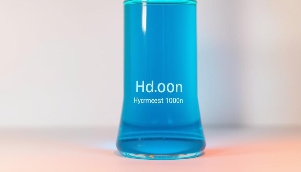 A close-up view of a transparent glass beaker filled with a vibrant, glowing blue liquid, representing a concentrated hydrogen solution. The beaker is illuminated from the side by a soft, warm light, casting subtle shadows and highlights that accentuate the liquid's luminous quality. The background is a clean, minimalist setting, with a white or neutral-colored surface, allowing the focus to remain solely on the captivating hydrogen concentration in the foreground.