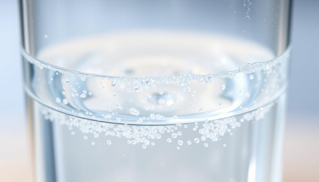 A close-up view of a transparent glass filled with clear, shimmering liquid, reflecting the light in an iridescent, ethereal manner. The water appears to have a subtle, effervescent quality, with tiny bubbles gently rising to the surface. The background is blurred, creating a sense of focus and emphasizing the captivating nature of the "hydrogen water" within the glass. The lighting is soft and natural, creating a calming, serene atmosphere that invites the viewer to contemplate the potential benefits of this unique liquid.
