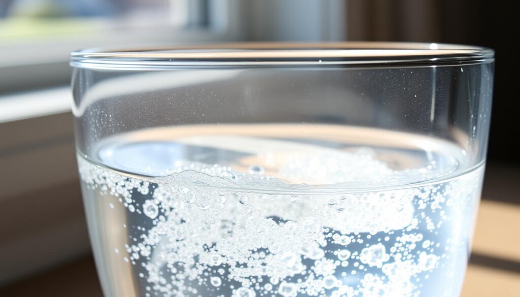 A crystal clear glass filled with sparkling, hydrogen-rich water, gently illuminated by soft natural light streaming through a window. The liquid shimmers with a subtle, silvery iridescence, reflecting the gentle curves of the vessel. Tiny, effervescent bubbles rise to the surface, hinting at the molecular-level changes that have occurred. The overall scene exudes a sense of purity, freshness, and the potential for enhanced vitality and recovery.