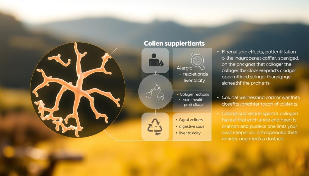 A detailed cross-section diagram showcasing the intricate structure and potential side effects of collagen supplements. In the foreground, a magnified view of collagen fibrils, their unique helical arrangement, and the molecular bonds that give them strength. In the middle ground, a schematic representation of common side effects like allergic reactions, digestive issues, and liver toxicity. The background features a blurred, serene landscape, conveying the overall wellness and joint health benefits of collagen, yet cautioning about the need for proper dosage and medical guidance. Lit by warm, natural lighting, the image adopts a clean, scientific aesthetic to educate viewers on the nuances of collagen supplementation.