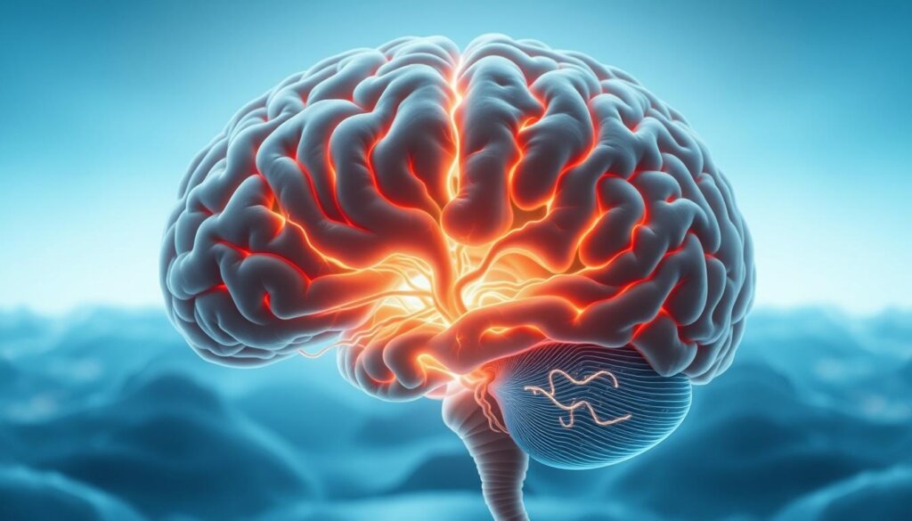 A detailed cross-section of a human brain, with a central focus on the cerebral cortex and the neural pathways. The brain matter has a subtle, translucent quality, allowing a glimpse of a network of glowing, hydrogen-infused veins running throughout the tissue. The background is a serene, ethereal landscape, with a soft, blue-hued lighting that creates a sense of tranquility and introspection. The overall composition conveys the idea of the brain's dynamic, ever-changing nature, and the potential impact of hydrogen on its physiological and cognitive processes.