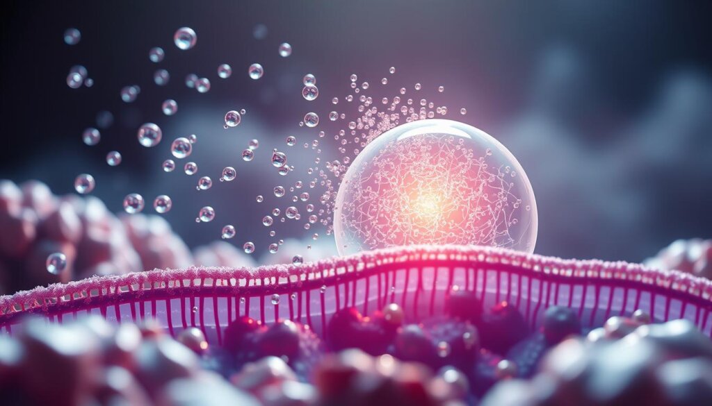 A detailed cross-section of molecular hydrogen (H2) interacting with cellular structures, illuminated by a soft, diffused light. In the foreground, hydrogen molecules are shown dispersing and penetrating the cell membrane, while in the middle ground, their influence is depicted through intricate biochemical reactions within the cytoplasm. The background features a hazy, ethereal landscape representing the physiological effects of molecular hydrogen, such as its potential to mitigate oxidative stress and inflammation. The scene conveys a sense of scientific exploration and the delicate, yet powerful, interplay between molecular hydrogen and human biology.