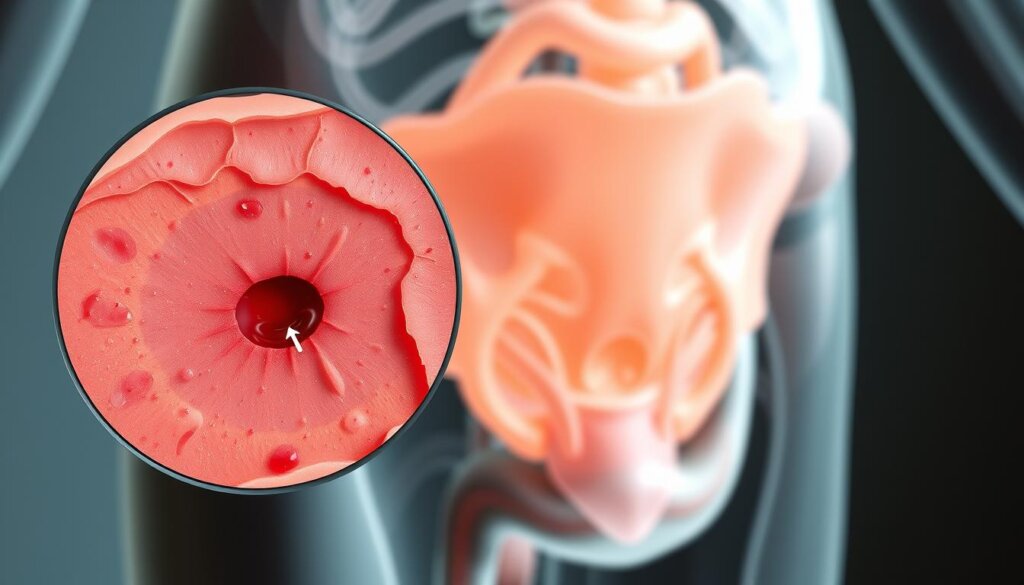A detailed cross-section of the human bladder, showcasing the intricate structural features associated with interstitial cystitis syndrome. In the foreground, a magnified view of the bladder wall, revealing inflammation, ulceration, and thickening of the epithelium. The middle ground depicts the muscular detrusor layer, highlighting its contracted state, characteristic of the increased bladder sensitivity. In the background, a tonal rendering of the surrounding pelvic anatomy, including the ureters and urethra, to provide anatomical context. The scene is illuminated by a soft, diffused light, creating a clinical yet contemplative atmosphere, befitting the medical nature of the subject matter.